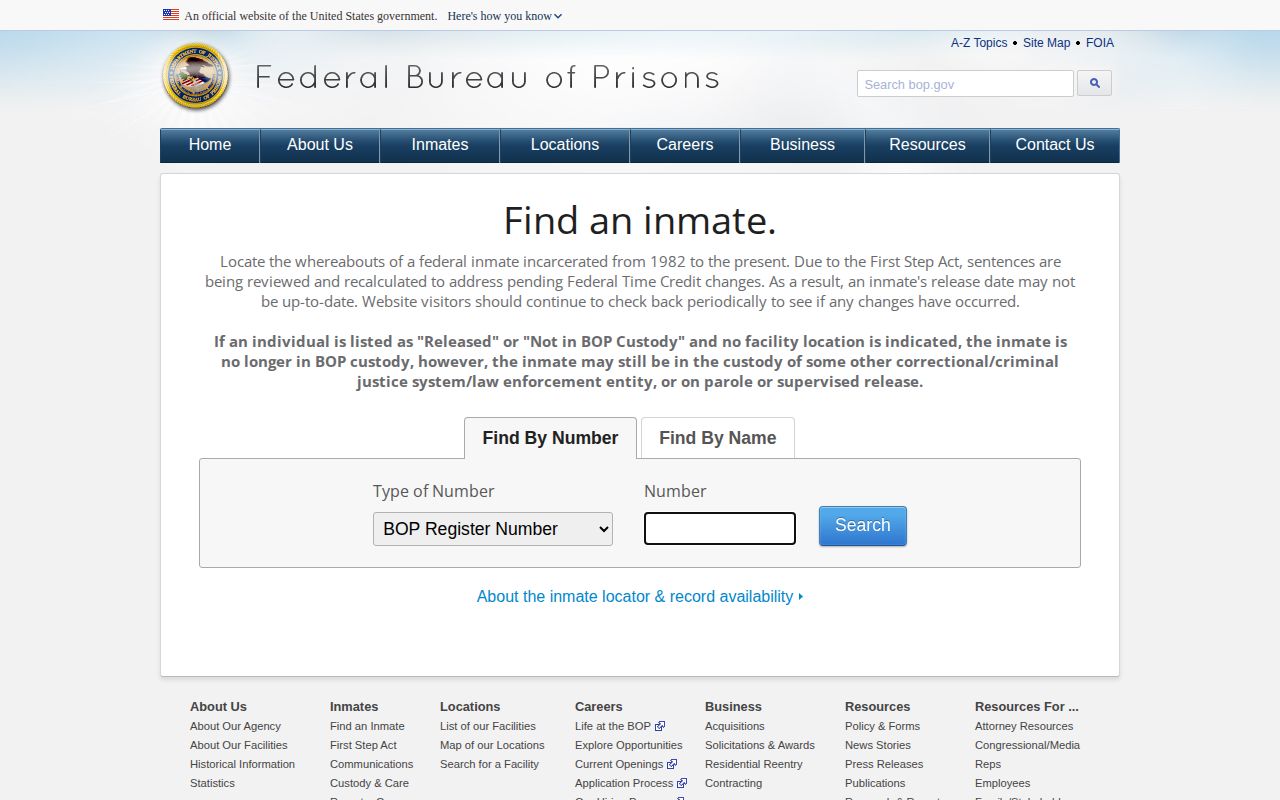 Federal BOP inmate locator for custody record access