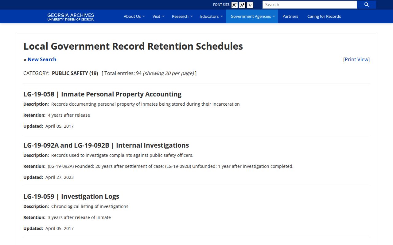 Georgia Archives retention schedule for Glynn County jail booking records