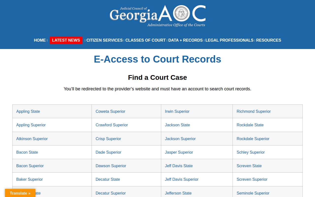 Georgia Courts electronic access entry for Glynn County case records