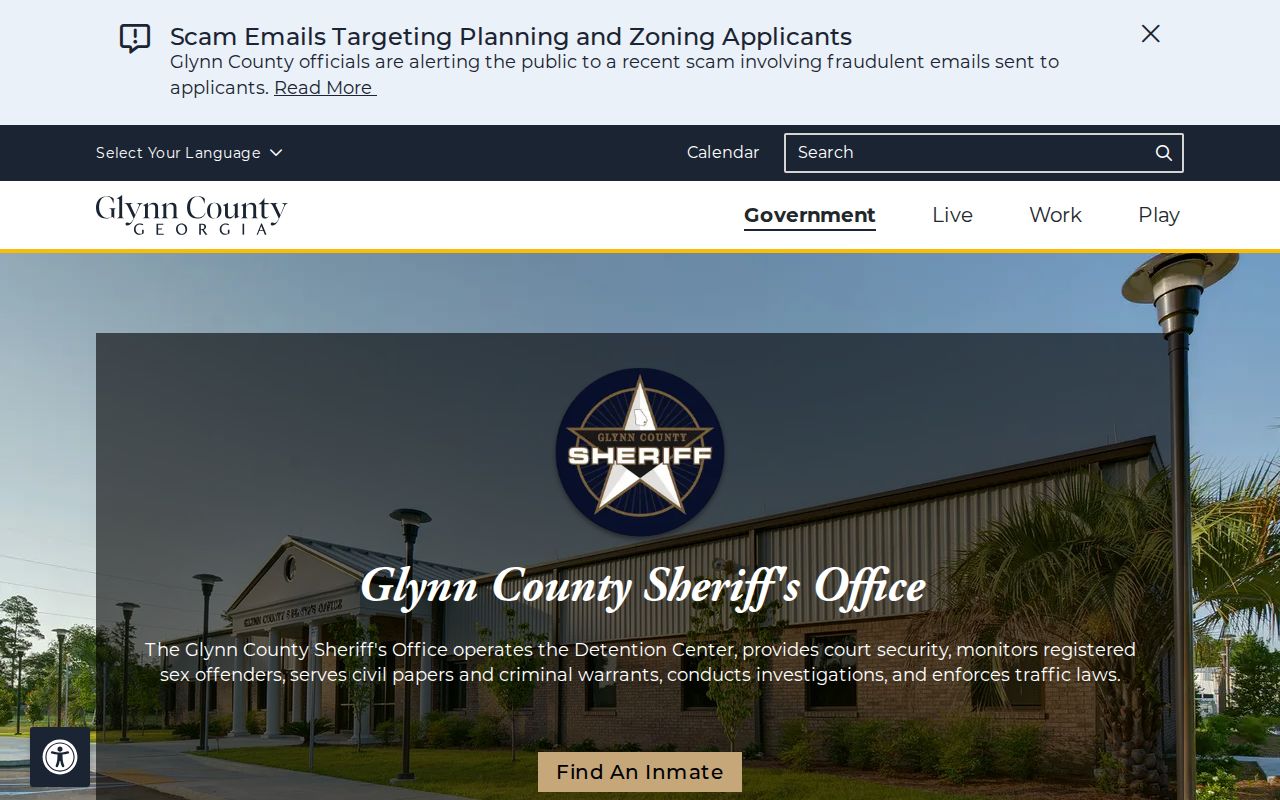 Glynn County Sheriff's Office services page for warrant information
