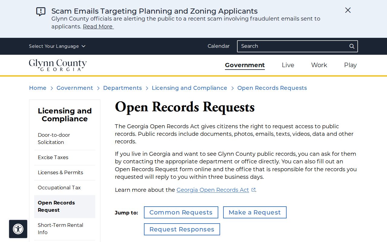 Glynn County open-records request guidance for warrant records