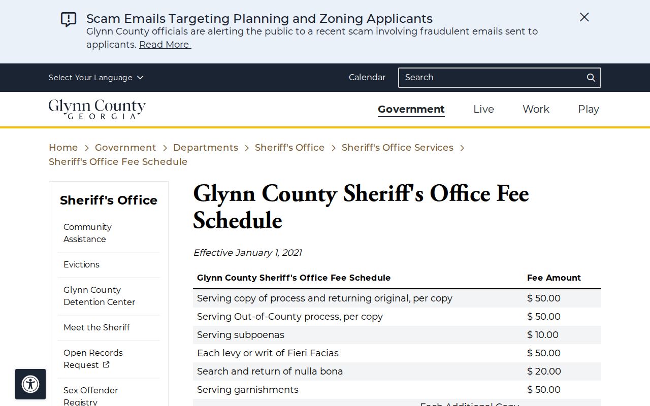 Glynn County Sheriff's Office fee schedule services page